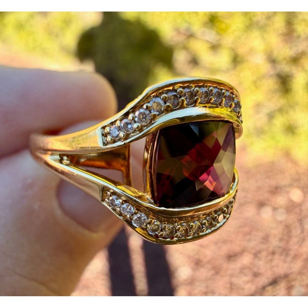 Lorenzo Designer 18k‎ Solid Gold Natural Rhodolite Garnet & Diamond Pave Ring - Picture 3 of 13
